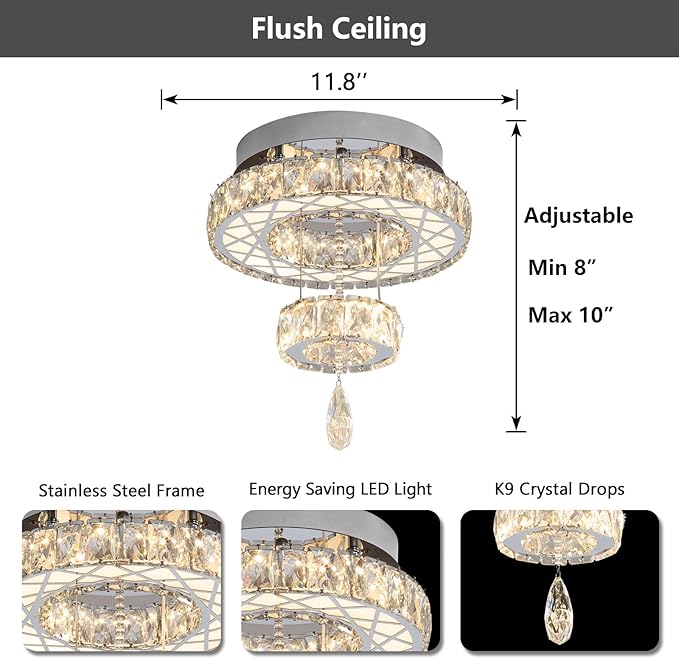 HAIXIANG Modern Glam Ceiling Chandelier Bedroom Light Fixtures Crystal Flat Sloping Ceiling Lights for Hallway Kitchen Dining Room Dimmable Light with Remote Silver