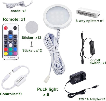AIBOO RGB Color Changing LED Under Cabinet Lights Kit Aluminum Slim Puck Lamps for Kitchen Counter Wardrobe Counter Furniture Ambiance Christmas Decor Lighting (6 Lights)