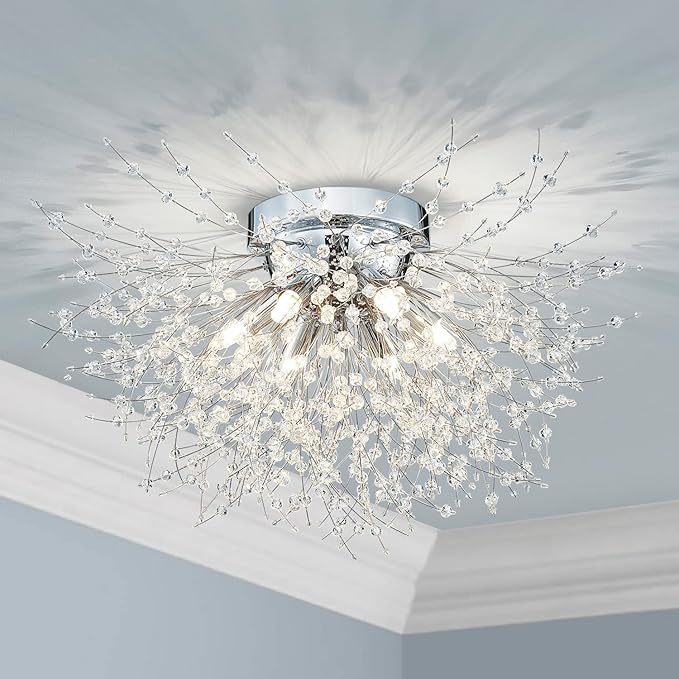 AGV LIGHTING CL023C Crystal Ceiling Light, Close to Ceiling Flushmount Light Fixture, Firework Design Dandelion Shape, 6-Lights, D18 x H10, Chrome Finish