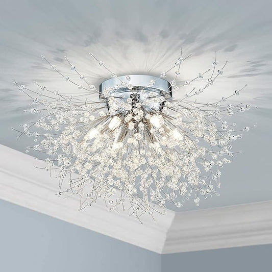 AGV LIGHTING CL023C Crystal Ceiling Light, Close to Ceiling Flushmount Light Fixture, Firework Design Dandelion Shape, 6-Lights, D18 x H10, Chrome Finish