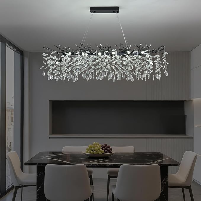 Modern Crystal Tree Branch Chandelier L40'', Black Linear Rectangle Art Deco Pendant Light Raindrop Lighting Fixture for Dining Room Kitchen Island 10 Lights