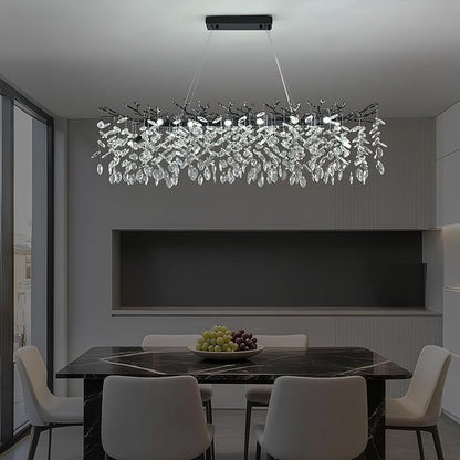 Modern Crystal Tree Branch Chandelier L40'', Black Linear Rectangle Art Deco Pendant Light Raindrop Lighting Fixture for Dining Room Kitchen Island 10 Lights