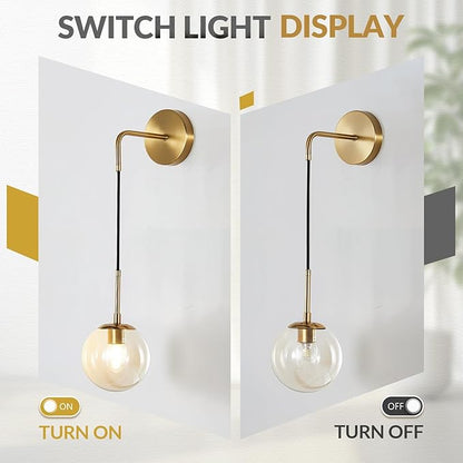 BOKT Mid Century Modern Globe Wall Sconce Lighting Brushed Brass Gold Amber Glass Round Wall Light Fixture Vintage Vanity Globe Bathroom Bar Wall Lamp (Gold+Amber)