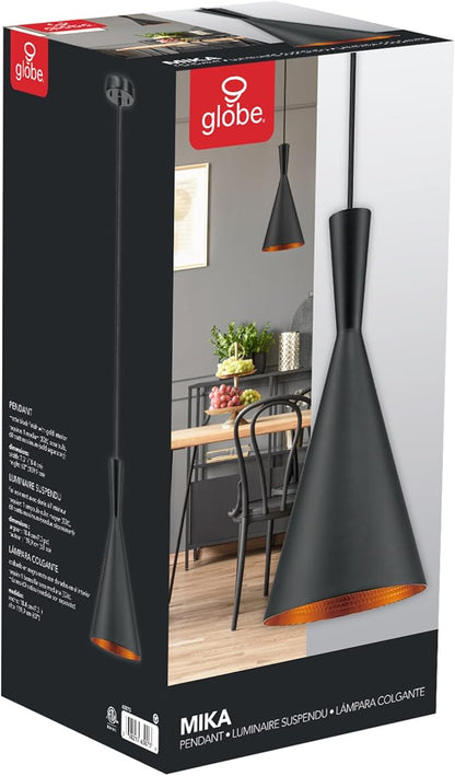 Globe Electric 63873 1-Light Hourglass Pendant Light Fixture, Matte Black, Gold Interior, Adjustable Hanging Height Cord, Dimmer Switch Compatible, Modern Lighting for Kitchen Island or Dining Room