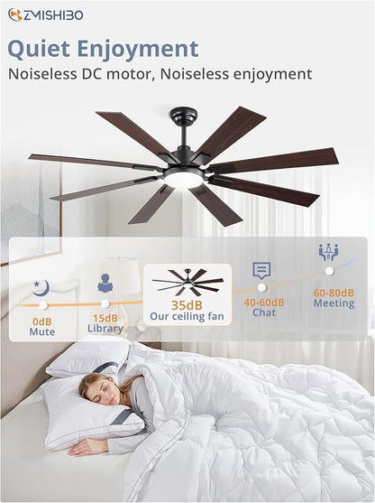 ZMISHIBO 62 inch Large Ceiling Fans with Lights and Remote, Indoor/Outdoor Black Modern Ceiling Fan for Kitchen Living Room Patio, 6 Speed Reversible Quiet DC Motor, 3 CCT, Dual Finish 8 Blades