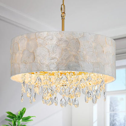 LumFurn 4-Light Drum Capiz Shell Crystal Chandeliers, Coastal Style Pendant Light Fixture for Dining Room, Living Room, D18 x 21~68"(Adjustable), Shell Lampshade & Gold Finish
