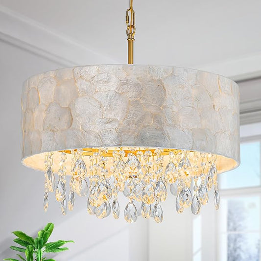LumFurn 4-Light Drum Capiz Shell Crystal Chandeliers, Coastal Style Pendant Light Fixture for Dining Room, Living Room, D18 x 21~68"(Adjustable), Shell Lampshade & Gold Finish