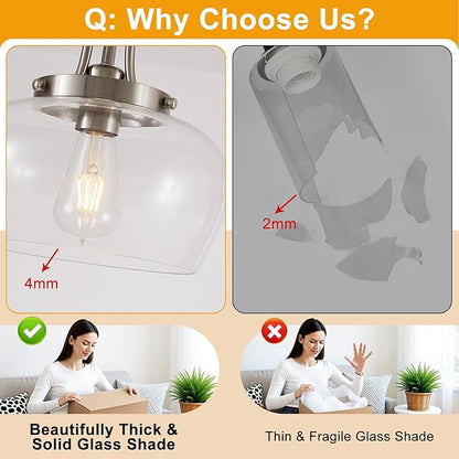 Modern Pendant Lights Kitchen Island, Brushed Nickel Pendant Light Fixtures with 10" Clear Glass Shade, Industrial Hanging Pendant Lights Fixture for Kitchen Island Dining Room Bedroom Foyer Entryway