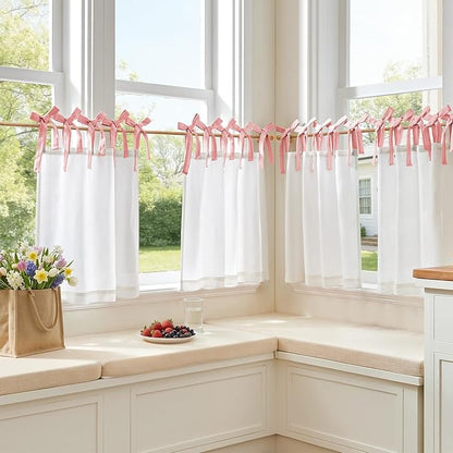 jinchan Linen Tie Top Curtains 24 Inch Length Farmhouse Cafe Curtains Set of 2 for Bedroom Bathroom Rustic Small Windows Light Filtering White Panels with Pink Ties