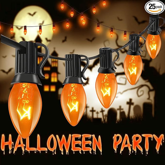 Abeja 25Ft C7 Orange String Lights with 27 Clear Orange Bulbs (2 Spare) - Vintage Halloween String Lights on Black Wire for Patio, Party & Spooky Decor
