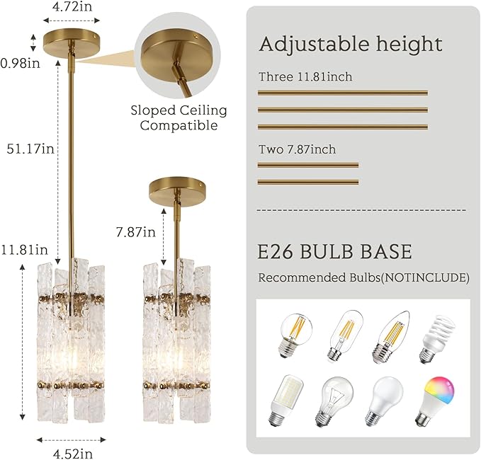 KELUOLY Modern Gold Crystal Pendant Light for Kitchen Island, Luxury Mini Water Ripple Glass Chandelier Lights Fixture, E26 Square Adjustable Hanging Pendant Lighting for Dining Room Bedroom (1-Pack)