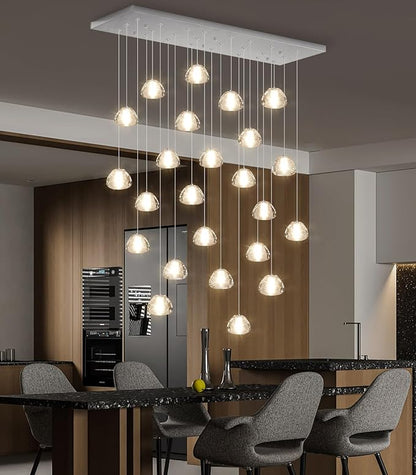 24-Lights Modern Rectangular Crystal Chandelier LED Raindrop Ceiling Pendant Light Crystal Lighting Fixture for Living Room Hotel Staircase Hallway Foyer Entryway Bedroom Silver