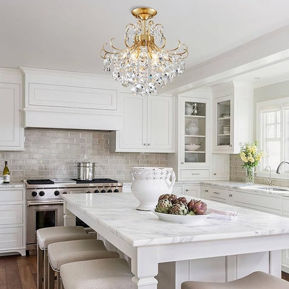 Gold Crystal Chandelier Ceiling Light, Luxury Crystal Semi Flush Mount Ceiling Lighting Fixture for Dining Room Bedroom Hallway Bar Kitchen, H 17.7'' x W 18.1''