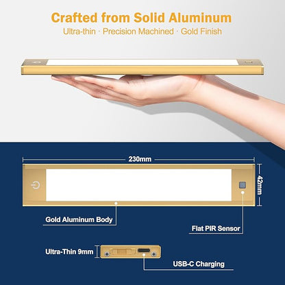 V4light Rechargeable Motion Sensor Under Cabinet Light, Magnetic LED Bar with 1500mAh, Gold Aluminum Accent Lighting, Dimmable 3 Color Temperatures for Kitchen Cabinets, Shelves & Closets (9 in)