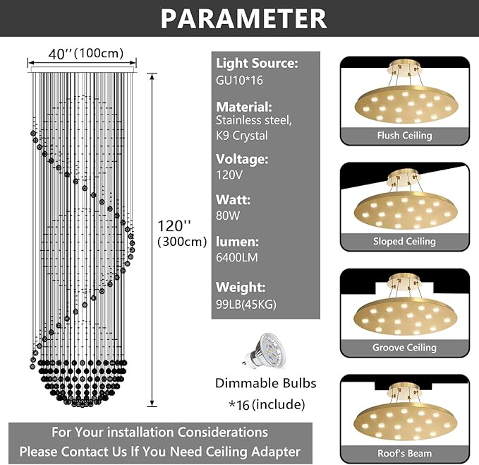 D40'' x H120'' Crystal Chandelier for Entryway High Ceiling Chandeliers Glam Chandelier Modern Large Raindrop Chandeliers LED Dimmable Light Fixtures for Staircaes Foyer Living Room Gold