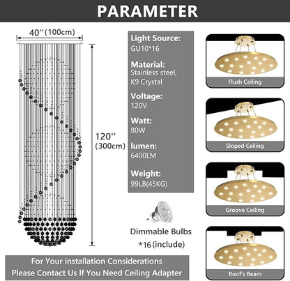 D40'' x H120'' Crystal Chandelier for Entryway High Ceiling Chandeliers Glam Chandelier Modern Large Raindrop Chandeliers LED Dimmable Light Fixtures for Staircaes Foyer Living Room Gold