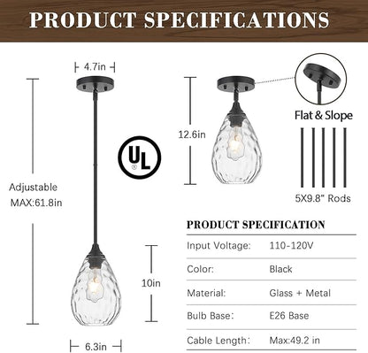 Black Pendant Lights Kitchen Island 2 Pack, Modern Glass Pendant Light Fixtures with Hammered Glass and Rods, Adjustable Small Hanging Light for Kitchen Sink Dining Room Bathroom