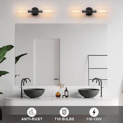 Wall Sconces Set of Two,Matte Black Bathroom Sconces Wall Lighting with Clear Glass, Modern Sconces Wall Decor Set of 2 Wall Light fixtures for Bathroom Mirror Living Room Hallway Bedroom Wall Lamp