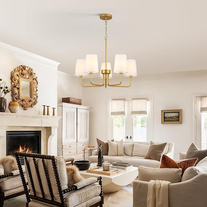 Modern Farmhouse Chandelier, 5-Light Gold Chandelier White Fabric Shade, Height Adjustable Industrial Pendant Light for Kitchen Over Table, 25‘’Dining Room Light Fixture for Living Room