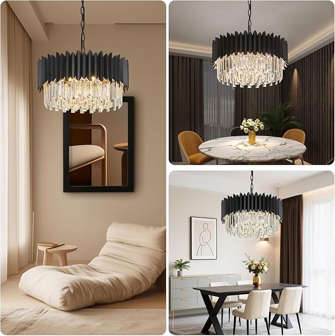 20" Black Crystal Chandelier 4-Tier Round 6 Lights Ceiling Light Fixture K9 Pendant Hanging for Entryway Foyer Dining Room Bedroom Living Room