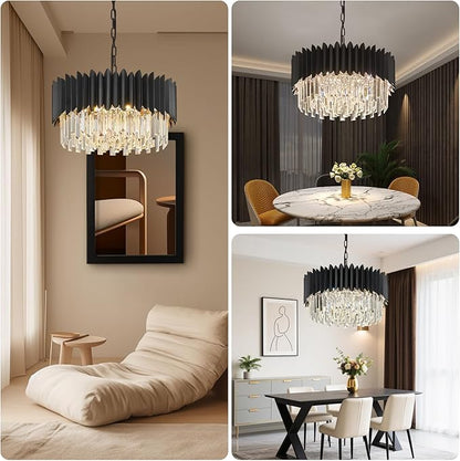 20" Black Crystal Chandelier 4-Tier Round 6 Lights Ceiling Light Fixture K9 Pendant Hanging for Entryway Foyer Dining Room Bedroom Living Room