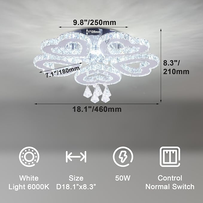 5 Heart Ring Crystal Ceiling Light, Modern LED Flush Mount Chandelier with K9 Crystals Cool White Stainless Steel Light Fixture for Living Room, Bedroom, Dining Room