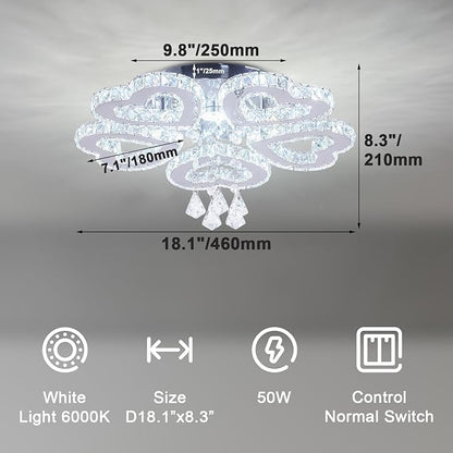5 Heart Ring Crystal Ceiling Light, Modern LED Flush Mount Chandelier with K9 Crystals Cool White Stainless Steel Light Fixture for Living Room, Bedroom, Dining Room