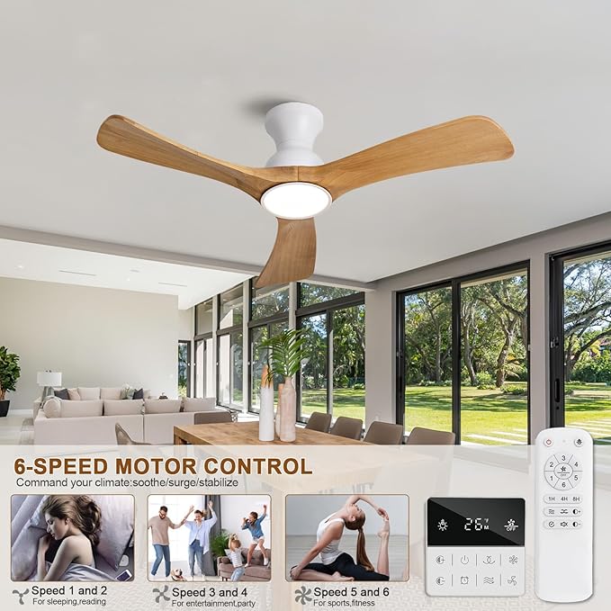 Flush Mount Ceiling Fans with Lights,42 inch,Remote Control,Wall Switch,Solid Wood Blades,Dimmable,Reversible Noiseless,Power Off Memory Modern Ceiling Fan Indoor/Outdoor for Bedroom Patios