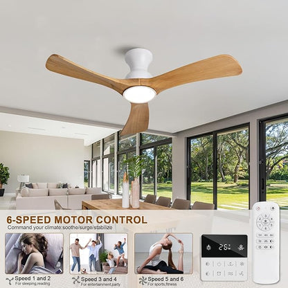 Flush Mount Ceiling Fans with Lights,42 inch,Remote Control,Wall Switch,Solid Wood Blades,Dimmable,Reversible Noiseless,Power Off Memory Modern Ceiling Fan Indoor/Outdoor for Bedroom Patios