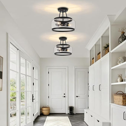 11.81" Black Semi Flush Mount Ceiling Light Fixture Modern Glass Kitchen Lighting Fixtures Ceiling Lights 3-Light Hallway Light Fixtures Drum Entryway Chandelier for Bedroom Foyer Laundry Dining Room