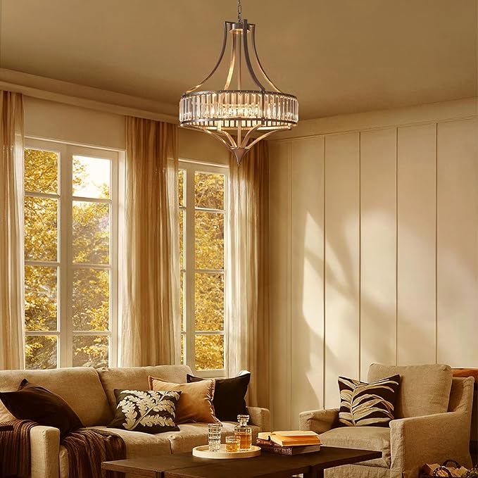 Brushed Nickel Chandeliers for Dining Room, 22 Inch Crystal Light Fixture 6-Light Modern Round Large Chandeliers for Kitchen Hallway Bedroom Foyer Hall Adjustable Height Hanging Light