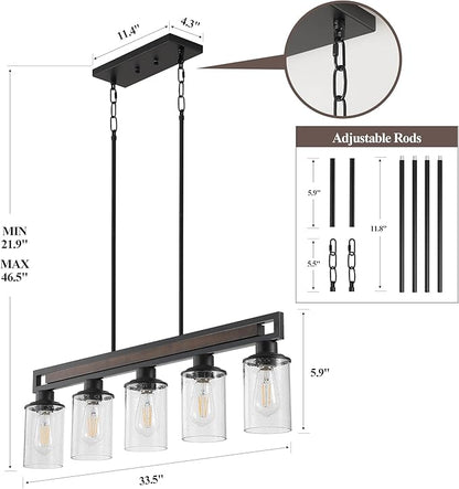 Farmhouse Dining Room Light Fixture, 5-Light Wood Kitchen Island Lighting for Dining Room Over Table, Black Adjustable Pendant Light with Seeded Glass Shades, Linear Chandeliers Lighting for Kitchen