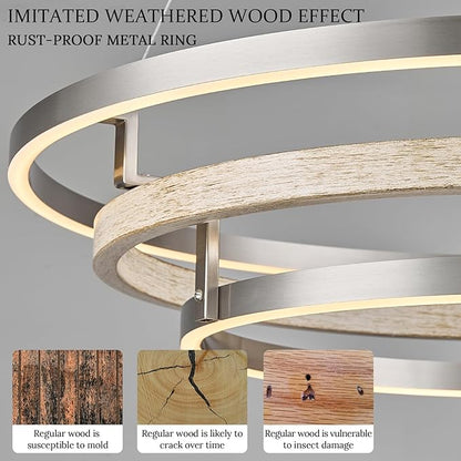 3 Ring LED Chandelier Nickel Round Chandelier Light Fixture 31in Dimmable Modern Entry Chandeliers Weathered Wood Circular Light for Foyer Dining Room Bedroom Office Living Room