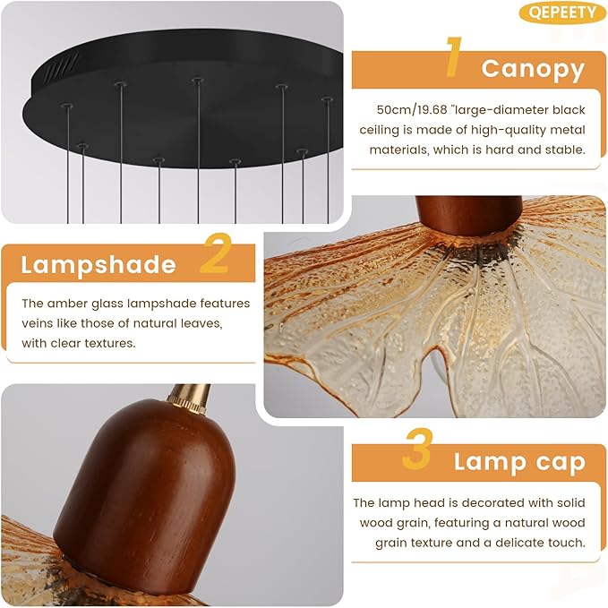 9-Light Amber Glass Chandelier for High Ceilings, Modern Long Flush Mount Lighting Fixture for Spiral Staircase, Foyer, Entryway, Living Room, Stairwell Hanging Chandelier