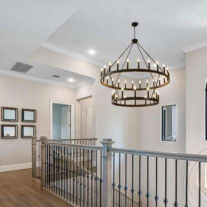 HHR 48 Inch 2 Tier Wagon Wheel Chandelier, 36-Light Extra Large Black Round Chandelier, Rustic Farmhouse Light Fixture for High Ceilings, Dining Room Living Room Foyer Entryway
