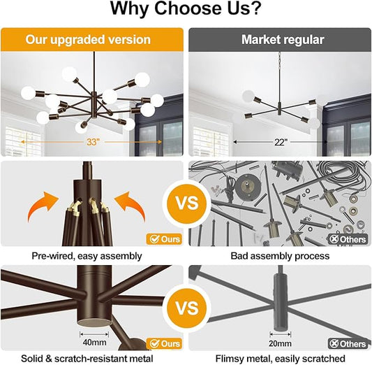 Sputnik Chandeliers Dining Room Light Fixture (12-Light, 33-Inch), Modern Brown and Gold Chandelier, Height Adjustable Mid Century Modern Chandeliers for Dining Room Kitchen (Bulbs Not Included)