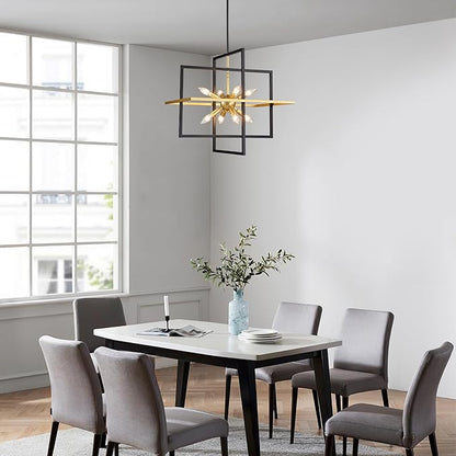 XINGQI 22" Rustic Geometric Pendant Lighting 8-Light Black and Gold Farmhouse Chandelier Ceiling Light Fixtures for Dining Room Living Room Kitchen Island Bedroom Hallway