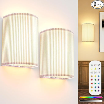 Battery Operated Wall Sconces Set of 2, 5000mAh Rechargeable RGB Wall Lamp with Remote, 3 Colors 10 Levels Brightness Wireless Sconces Wall Decor Set of 2 with Timer for Bedroom Living Room…