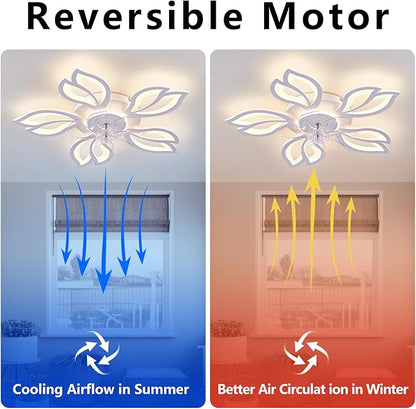 Modern Ceiling Fans with Lights, Low Profile Ceiling Fan with Remote for Bedroom, Flush Mount Ceiling Fan with LED Dimmable Light,3-Colors, 6-Speeds, Timing CeilingFan Light-White Leaves