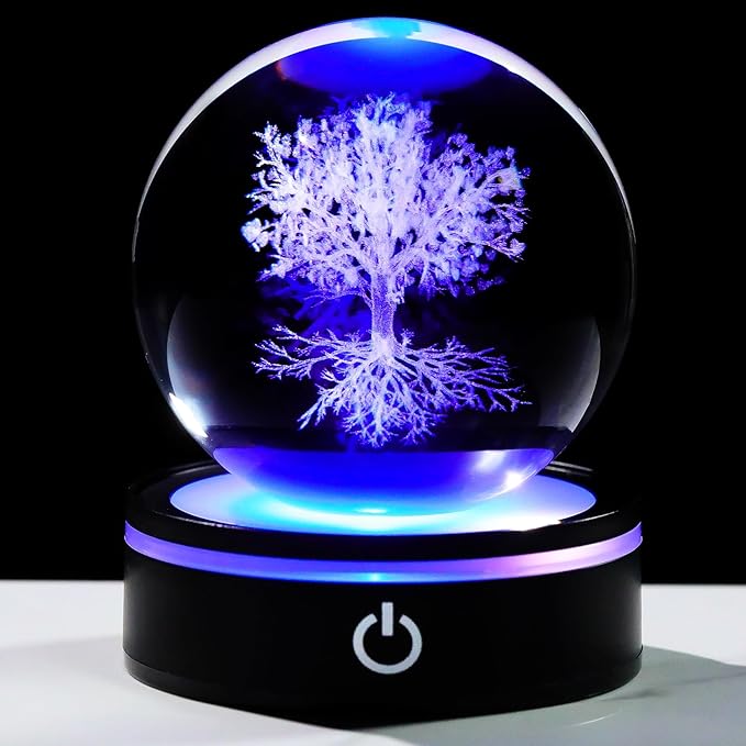 YWHL 3D Crystal Tree of Life Figurines Ball with Colorful Light Base, Laser Engraved Tree of Life Sphere Gifts for Women Men on Birthday, Glass Art Collection for Home Decor(80mm)