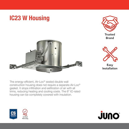 Juno 6 Inch Incandescent Ceiling Light Housing for New Construction, IC Rated Recessed Light, Floating Socket, Damp Location UL Listed Can Lighting, Includes Push-in Electrical Connectors
