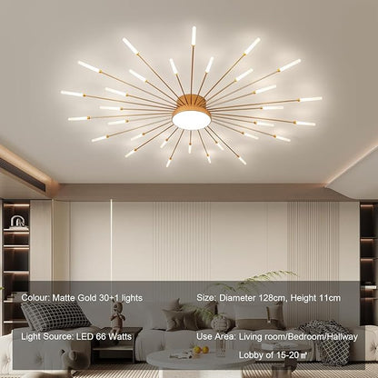 JAYMP 50.4" Ceiling Light Modern Flower Shape Ceiling Lamp for Living Room Dining Room Flush Mount Metal Acrylic Sputnik Firework Petal LED Lighting Fixture (Matte Gold, 30+1 Lights)