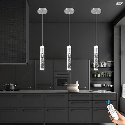 Modern LED Chrome Crystal Pendant Light Kitchen Island, Bedroom Bedside Hanging Ceiling Lamp with Crystal Bubble Column, Dimmable 3000k-6000k 1-Light Independent