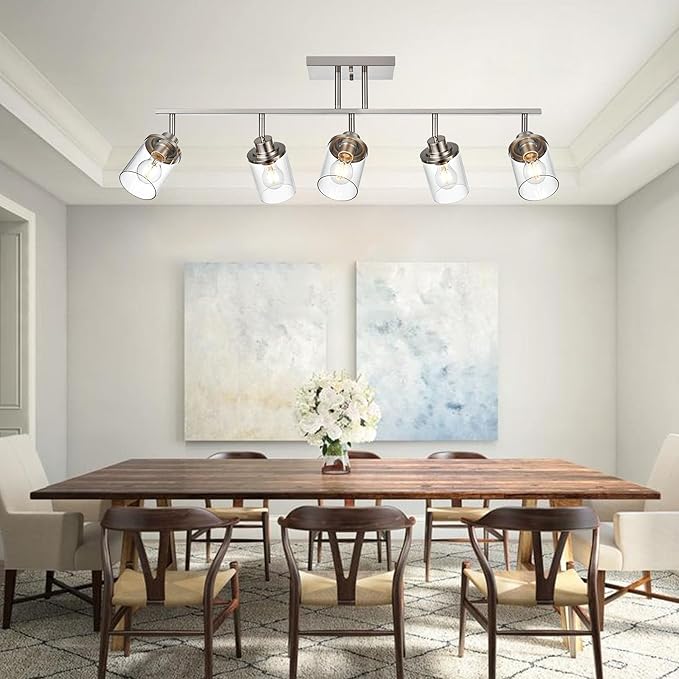 5-Light Wall/Ceiling Track Lighting Kit in Brushed Nickel Semi Flush Mount Ceiling Light with 5 Rotatable Light Heads Modern Vanity Lights for Bathroom, Clear Glass Shade
