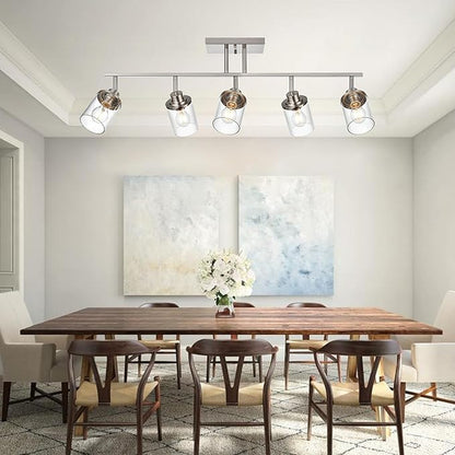5-Light Wall/Ceiling Track Lighting Kit in Brushed Nickel Semi Flush Mount Ceiling Light with 5 Rotatable Light Heads Modern Vanity Lights for Bathroom, Clear Glass Shade