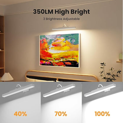 Picture Light with Remote - 16in White Rechargeable Battery Wall Light for Paintings, Cordless Wall Sconce for Art Painting & Photo Frames, 5000mAh with Timer, 350LM Brightness (3-Pack)