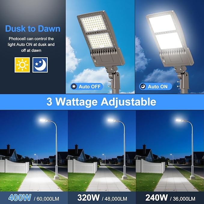 KUKUPPO 2Pack 400W LED Parking Lot Light 60000LM, UL Listed LED Shoebox Parking Pole Light Power Adjustable 5000K IP65 Waterproof Outdoor Commercial Area Lighting with Slip Fitter 100-277VAC