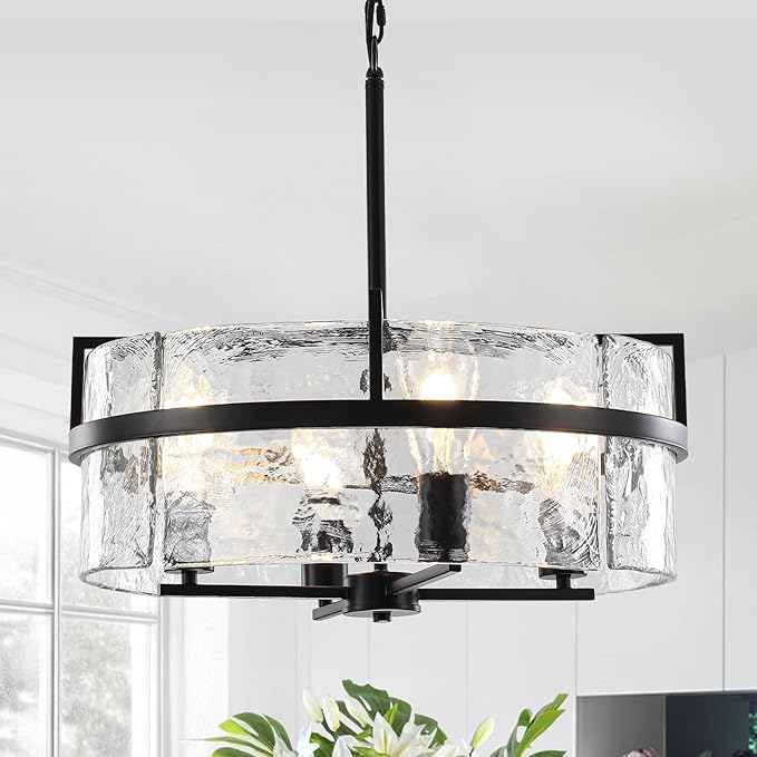 Black Drum Chandelier,19.7" Modern Water Ripple Glass Chandeliers Over Table 4-Light Large Round Hanging Pendant Light Fixtures for Dining Room Living Room Foyer Bedroom Kitchen Island,E26