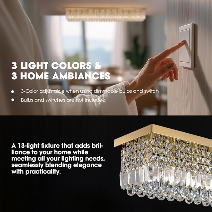 Large Modern Crystal Chandeliers for Dining Room Light Fixture, 13-Light Gold Rectangle Chandelier Ceiling Light for Kitchen Island Living Room, L59 Inch