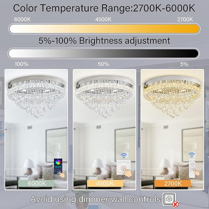 Dia 24" Modern Crystal Chandeliers for Dining Room,Silver Raindrop Chandelier Flush Mount Chandeliers for Living Room Bedrooms Dining Room Dimmable 2700k 4500k 6000k